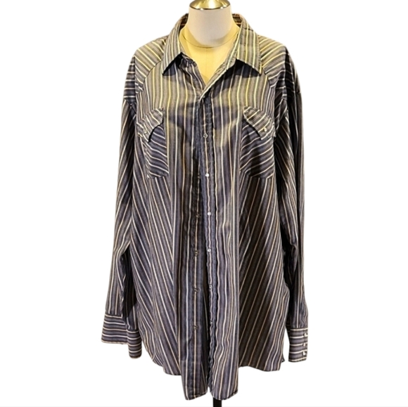 Ely Cattleman VTG Blue Yellow Stripe Pearl Snap Long Sleeve Western Shirt 3XLT - Picture 1 of 9